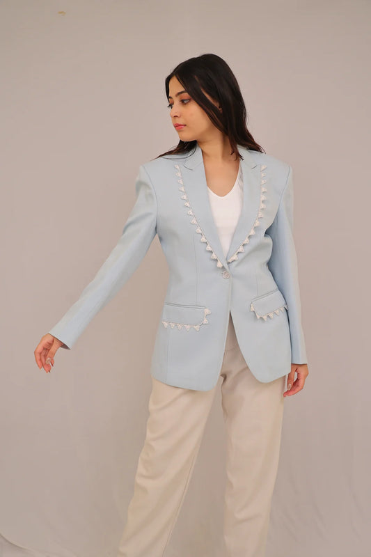 Frost Petal – Powder Blue Lace Trim Blazer