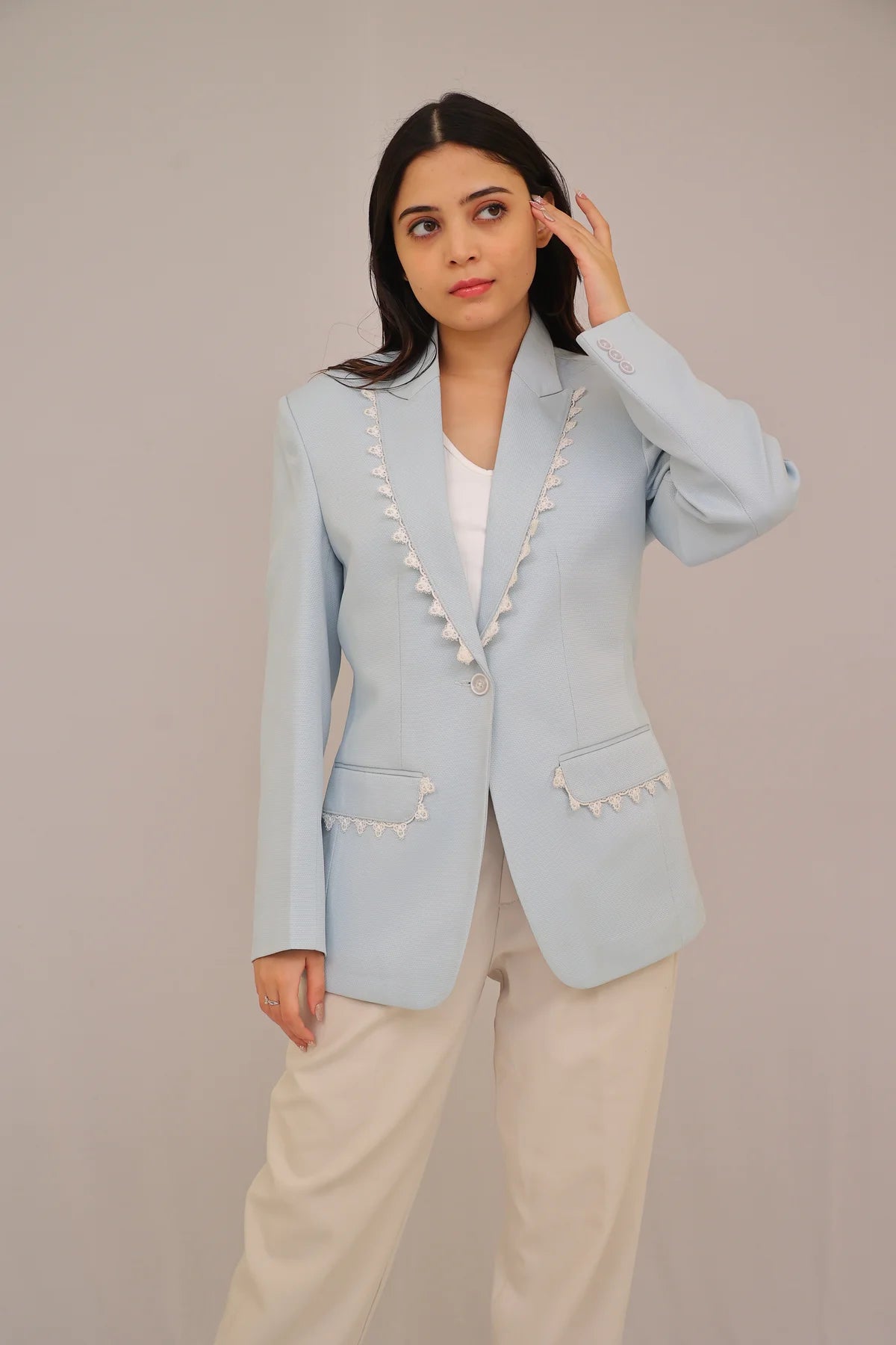 Frost Petal – Powder Blue Lace Trim Blazer