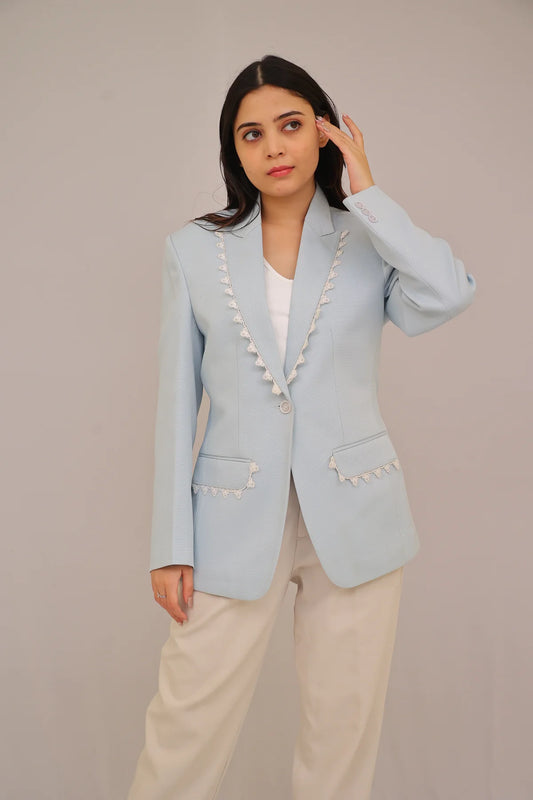 Frost Petal – Powder Blue Lace Trim Blazer